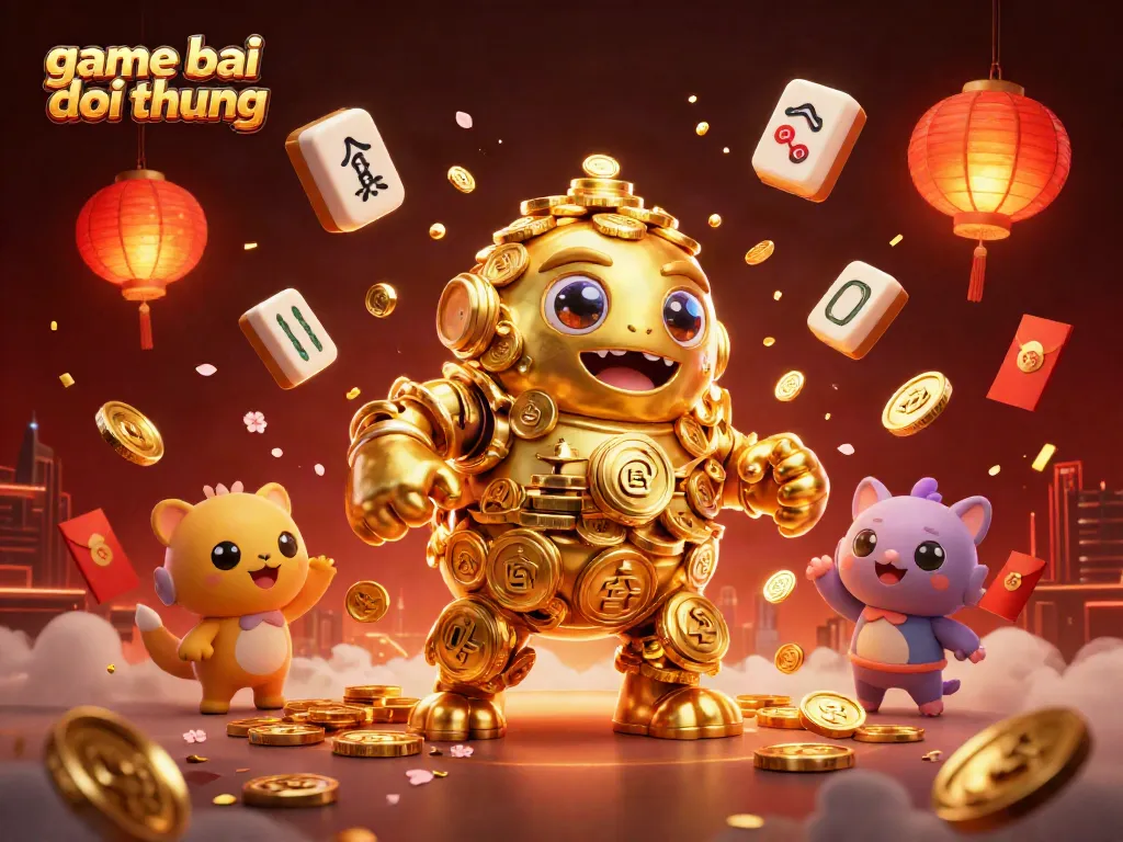 Engage in thrilling game bai doi thuong with a golden golem and festive elements surrounding vibrant casino atmosphere.