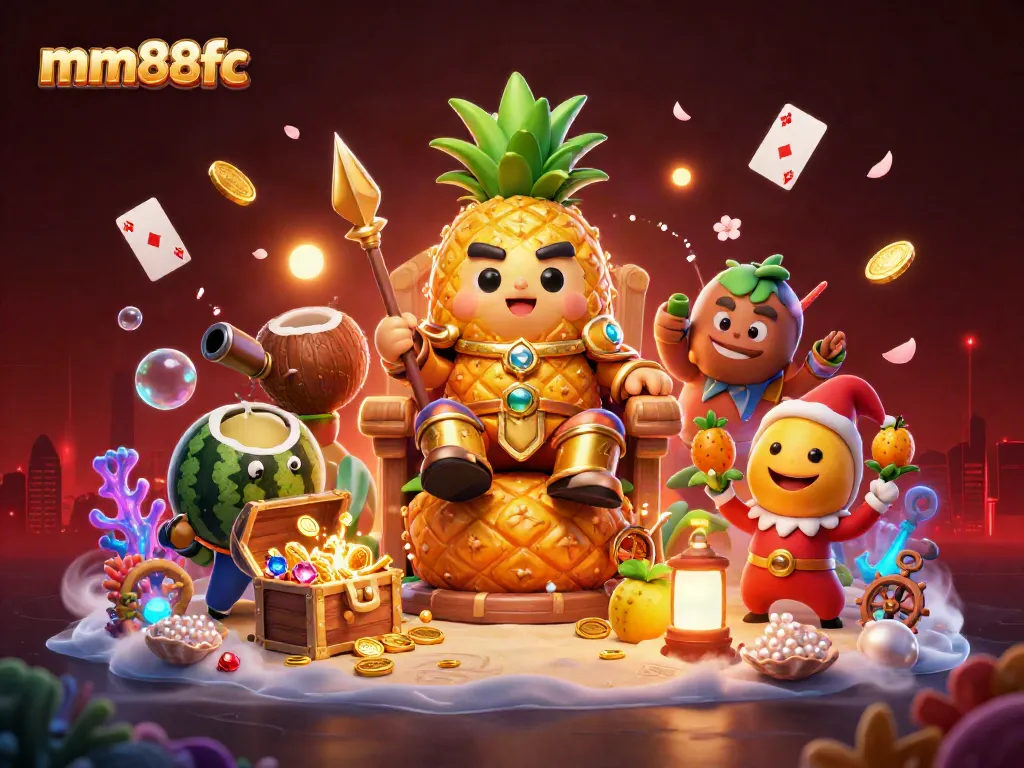 Engage with mm88fc in a vibrant beach casino scene showcasing the golden pineapple king and his lively entourage.