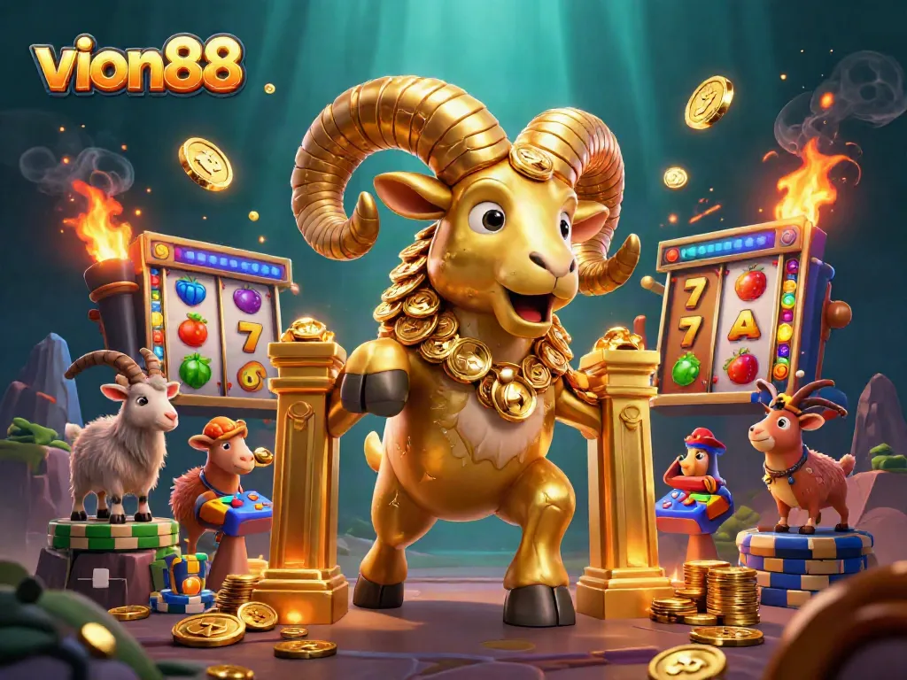 Watch the golden ram charge through the vibrant slot game world in vion88’s thrilling casino scene.