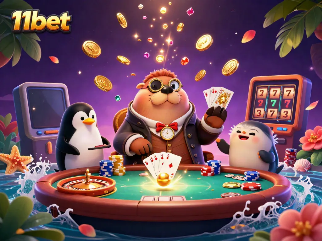 Engage with the vibrant underwater casino scene showcasing 11bet's exciting atmosphere featuring a jolly walrus and sophisticated dealer.