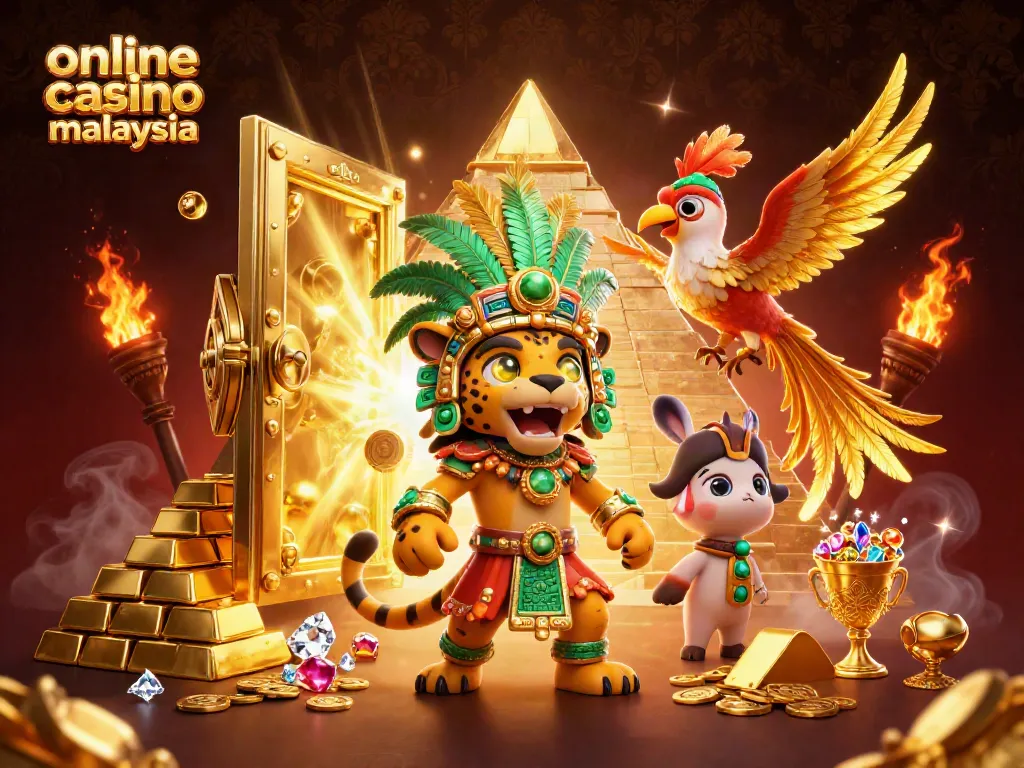 Engaging scene of online casino malaysia with a Mayan priest and treasures.