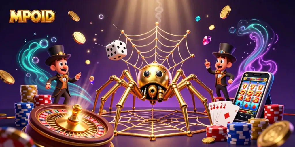 MPOID captivates players with a vibrant 3D casino scene featuring a golden spider and enchanting elements.