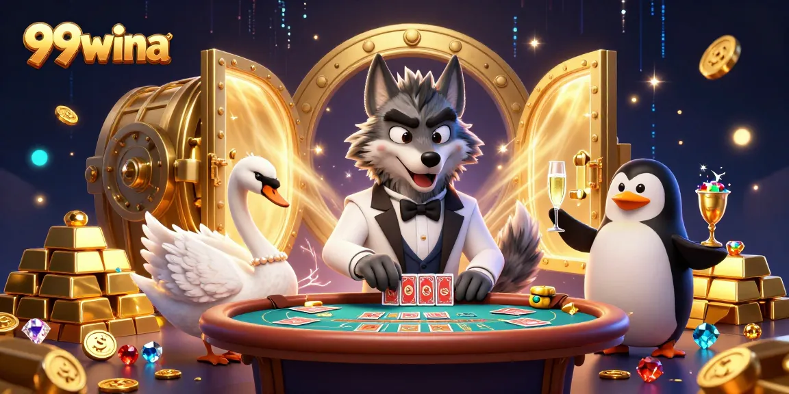 Experience the excitement of 99wina with a lively baccarat scene featuring a debonair wolf and elegant characters.