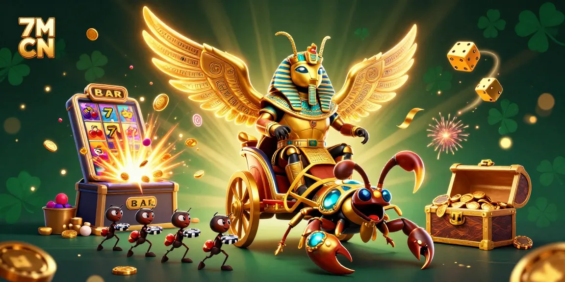 Bet on 7M CN with this vibrant casino illustration featuring a colossal golden scarab beetle and slot machine.