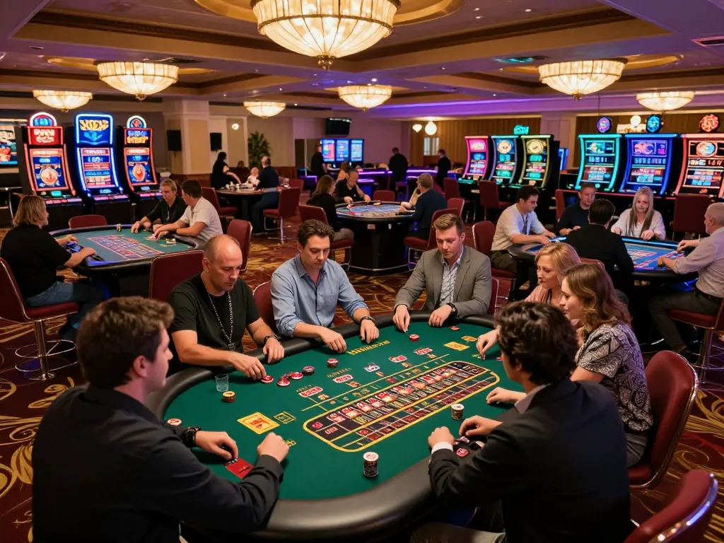 cm88 players actively engaged in a lively casino atmosphere with roulette and blackjack tables