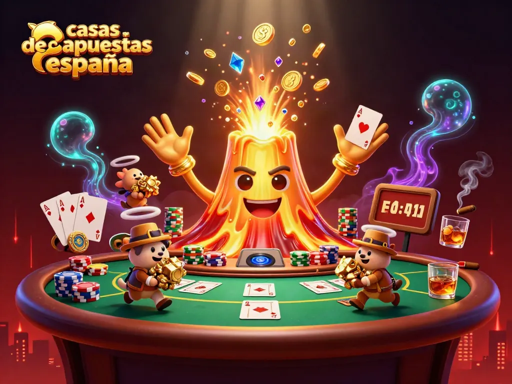 Disfruta de casas de apuestas España con un volcán dorado y personajes de tesoros.