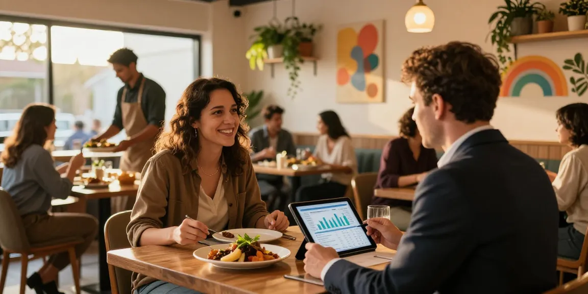 Exploring merchant cash advance for restaurants with an advisor in a cozy dining space.