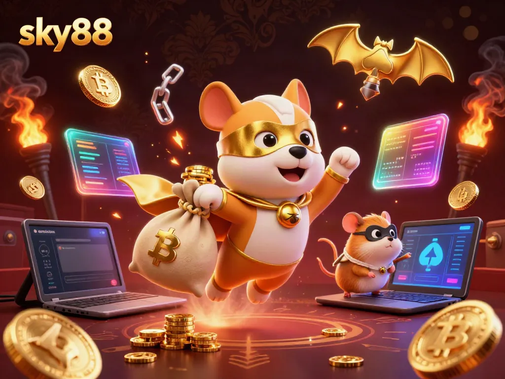 Experience thrilling gaming at sky88 with a superhero dog and hamster, surrounded by vibrant digital coins.