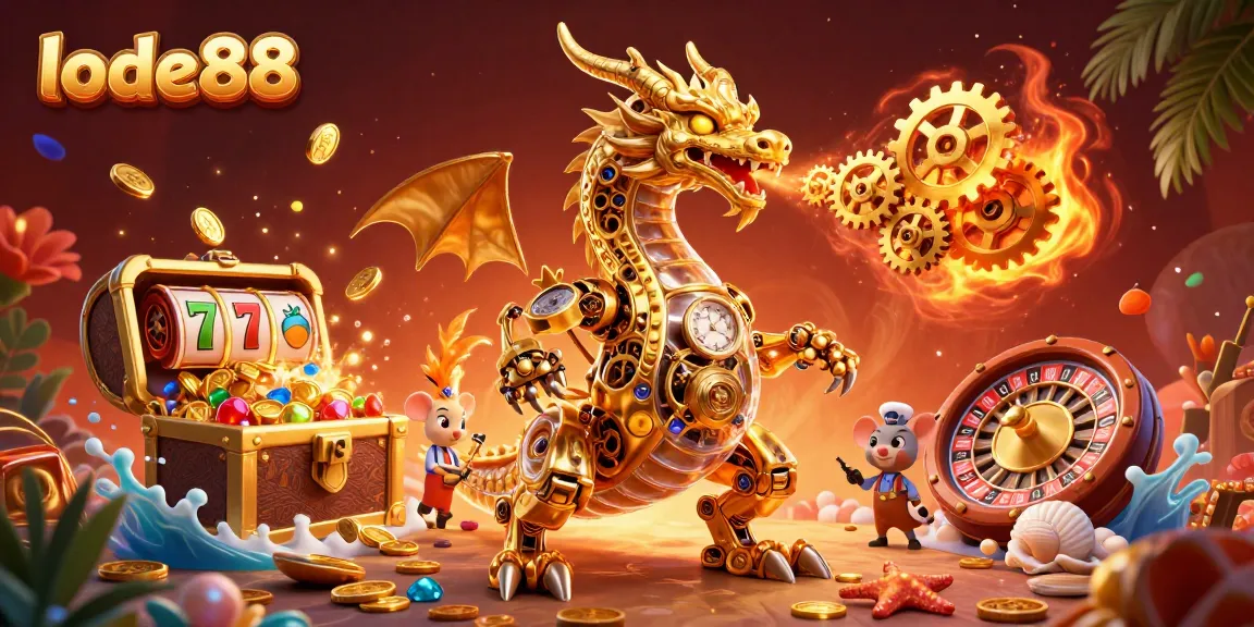 Experience thrilling gameplay with lode88's lively casino scene featuring a golden dragon and treasures.