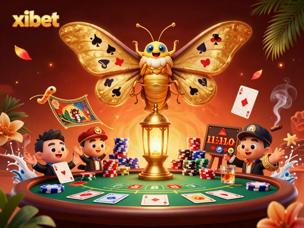 Xibet players enjoying a vibrant casino scene with poker chips, cards, and a colorful moth.