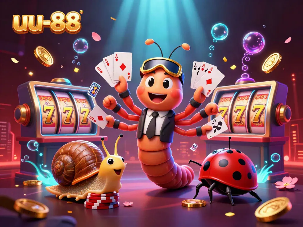 Experience thrilling gameplay at uu-88 with a vibrant illustration featuring a lively casino scene, complete with a millipede dealer and slot reels.