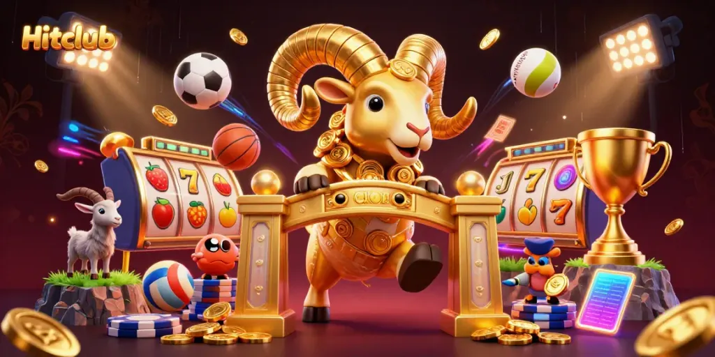 Hitclub showcases a dynamic scene with a golden ram charging through a vibrant gaming setup filled with slot elements.