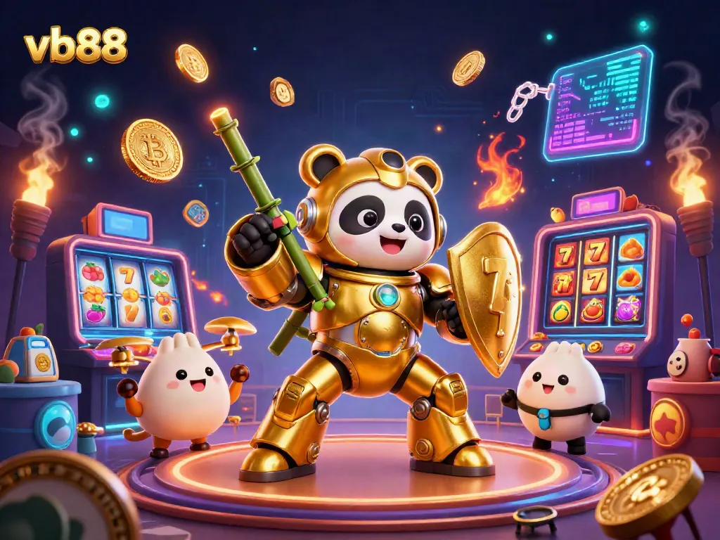 Engage in thrilling gameplay at vb88 with a vibrant casino scene featuring colorful slot games and a golden panda.