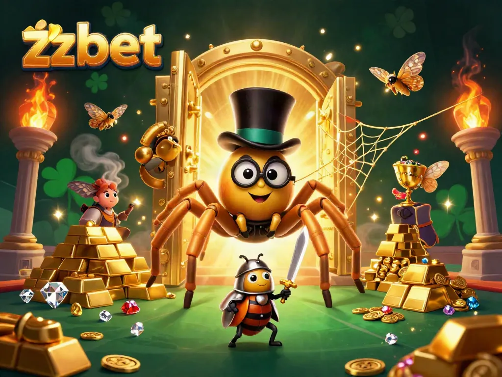 Experience thrilling gameplay at zbet with a golden tarantula, beetle knight, and treasure in a vibrant casino scene.