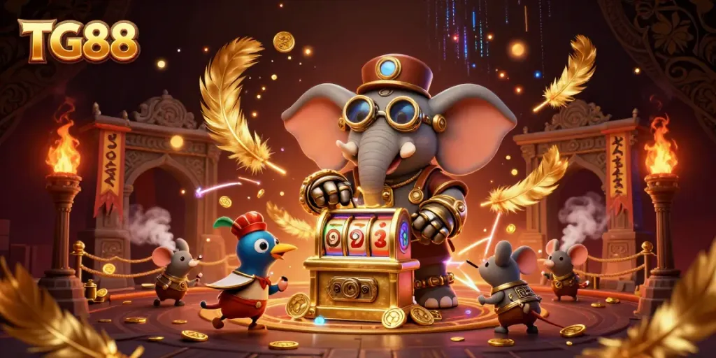 Experience thrilling slots and jackpots at TG88, featuring a steampunk elephant engineer.