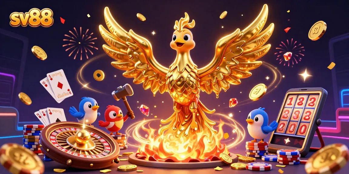 Experience the thrill of sv88 as a molten golden phoenix creates coins amidst a vibrant casino scene.