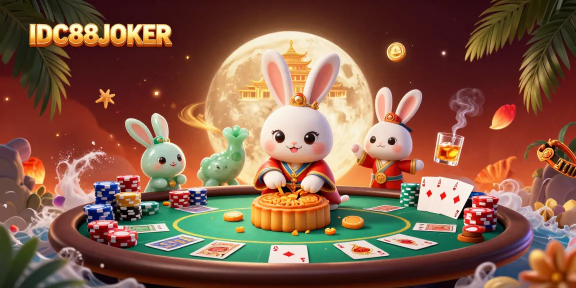 Engage players with IDC88JOKER's vibrant 3D casino illustration showcasing a moon rabbit and poker elements.