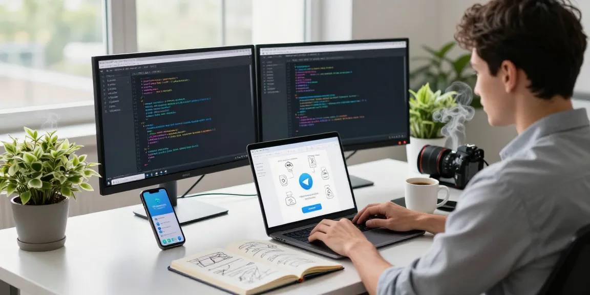 Telegram Download showcased in a professional workspace featuring a developer at a modern desk with dual monitors, coding, and the Telegram app, natural light ambiance.