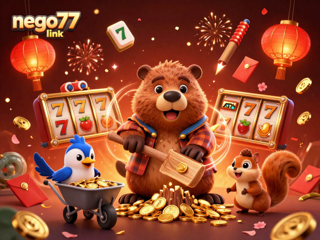 Experience the excitement of the nego77 link with a cartoon beaver, collecting golden coins in a vibrant casino-themed illustration.
