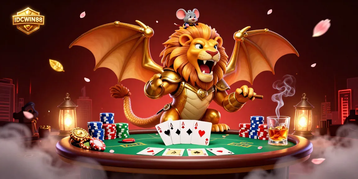 Engage with IDCWIN88 and immerse in thrilling poker action illustrated with a dynamic chimera creature.