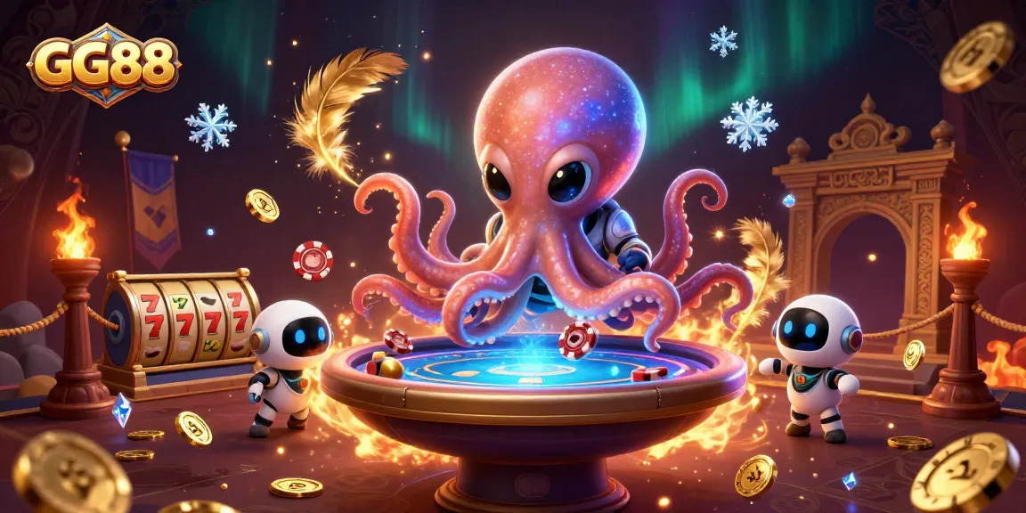 Engage in thrilling poker action at GG88 with an imaginative 3D scene featuring a space octopus and robot companion.