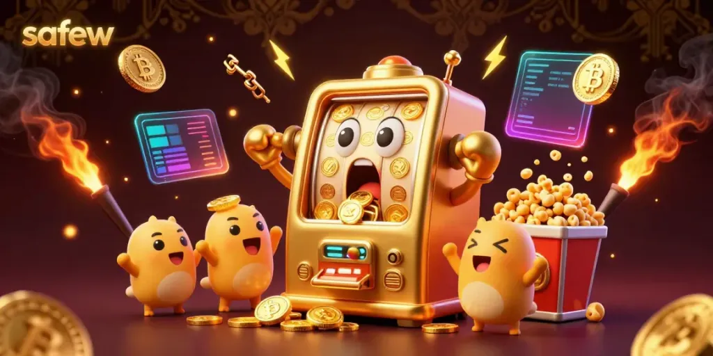 Experience safew's exhilarating jackpot with a golden slot machine celebrating wins amidst exciting digital elements.
