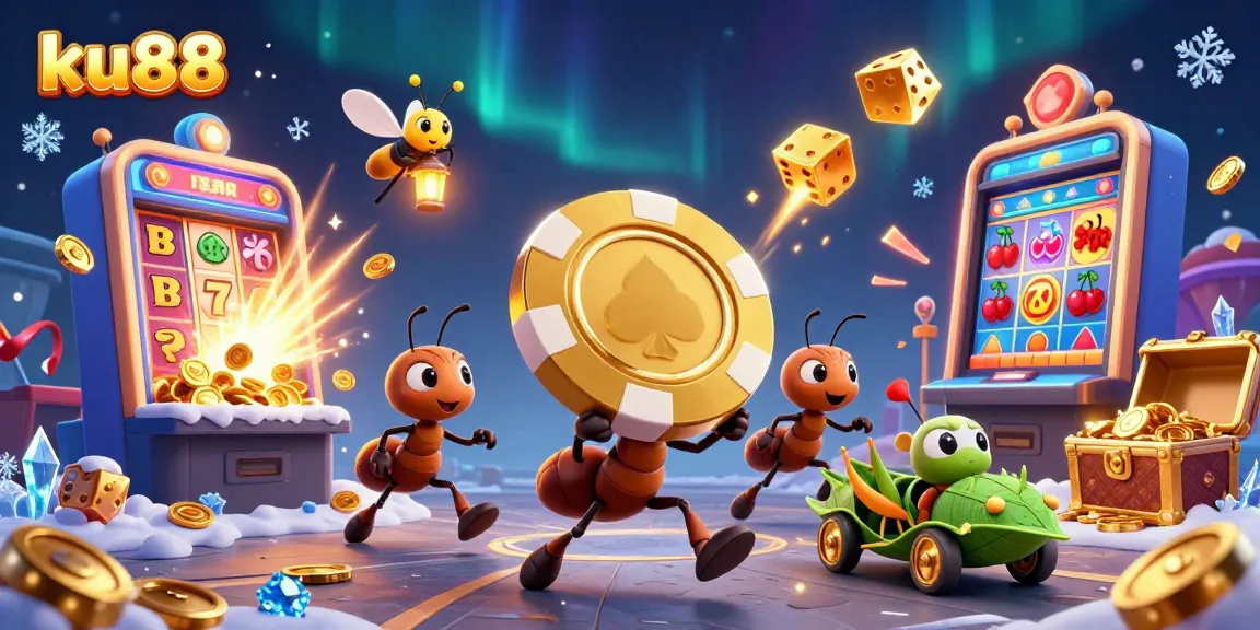 Experience an adventurous ku88-themed heist with ants, poker chips, and casino elements in vibrant 3D.