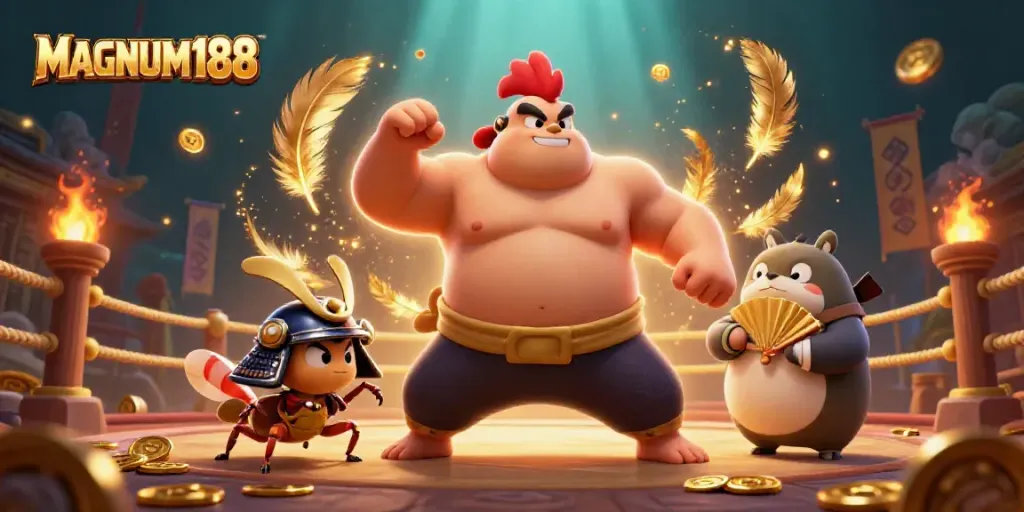 Experience intense gambling action with MAGNUM188 featuring a powerful sumo rooster in an animated arena.