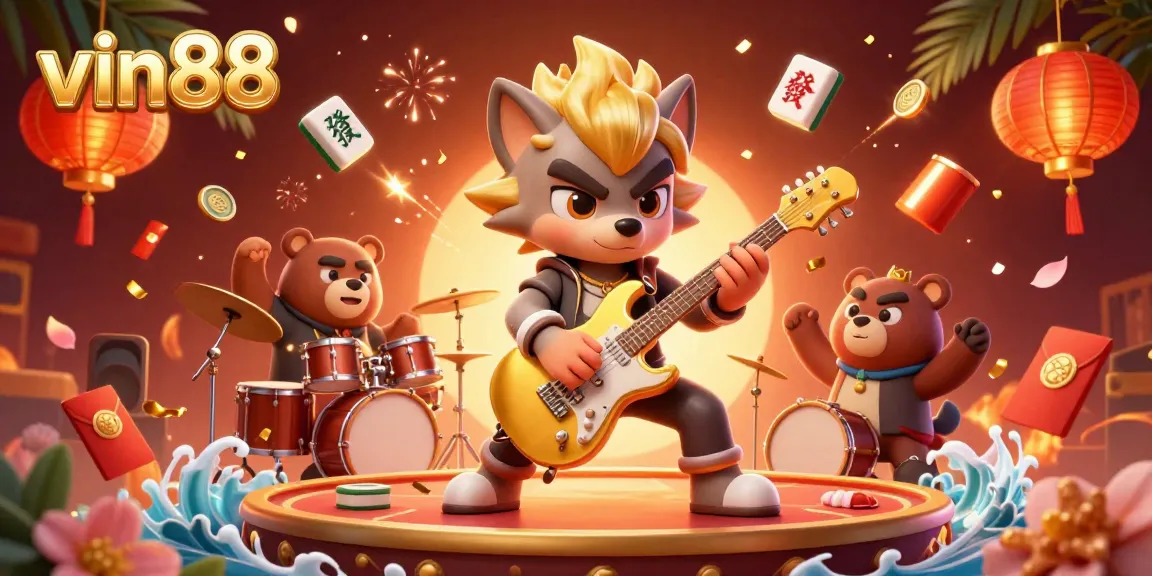 vin88 shreds rock on stage surrounded by dazzling casino elements in a vibrant 3D illustration
