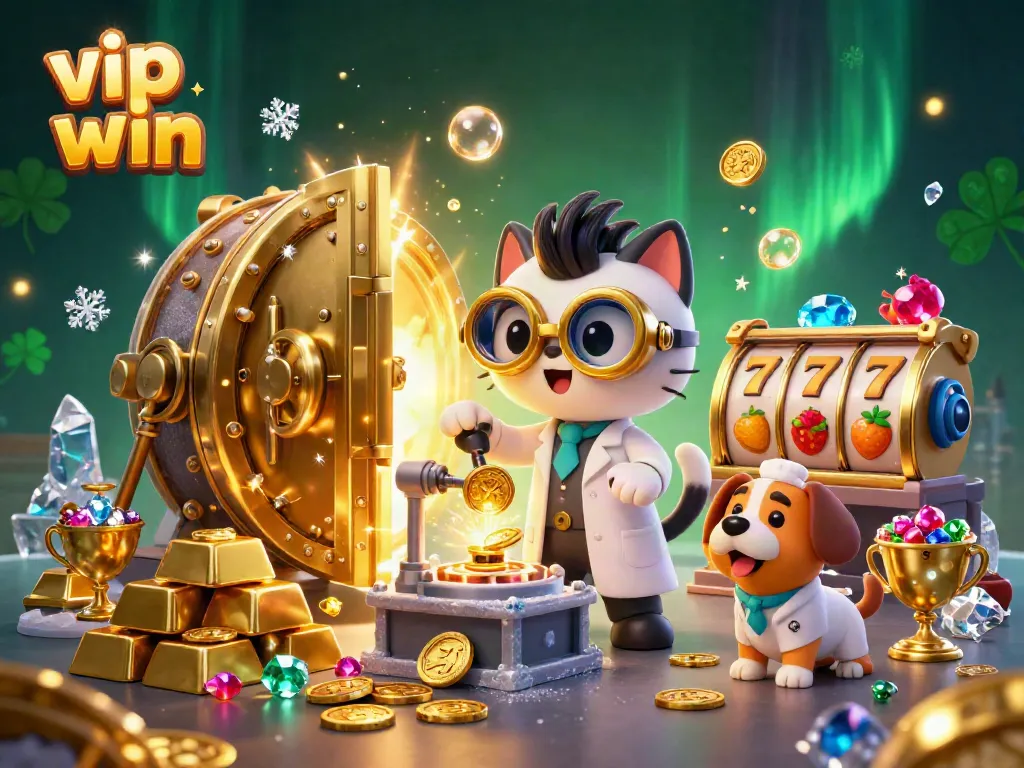 Experience the thrill of vip win with a mad scientist cat and dog in a gold coin lab, bursting with treasures.