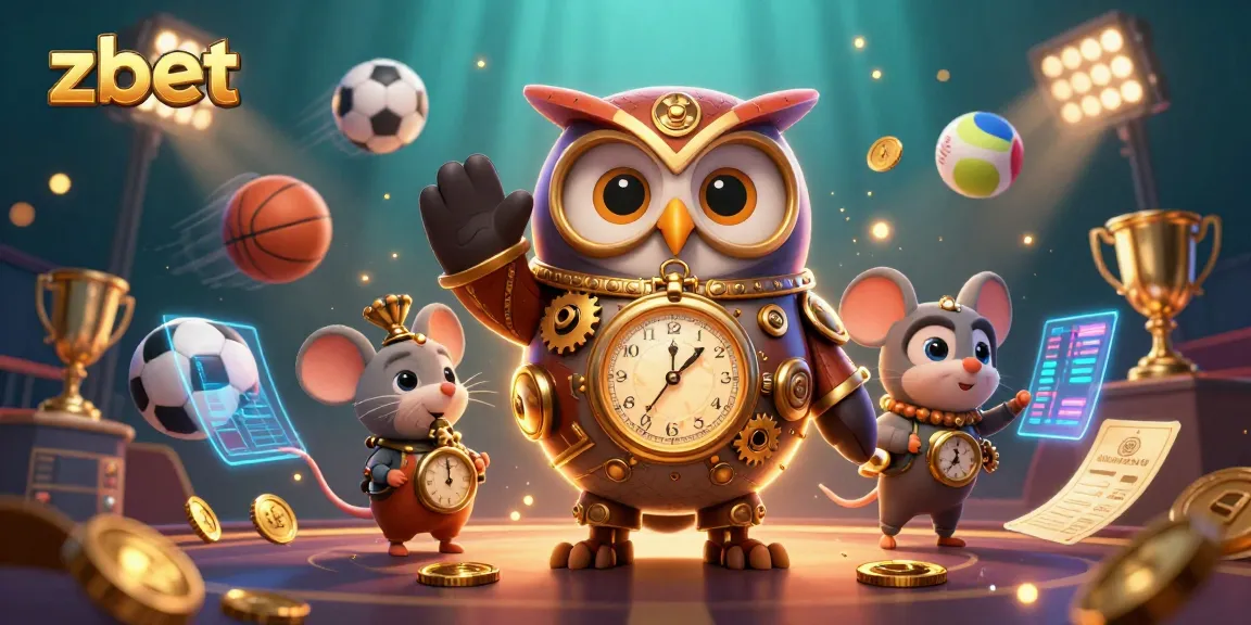 Zbet showcases an exciting scene with a steampunk owl and sports betting elements in a dynamic 3D illustration.