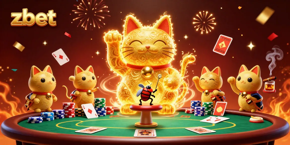Engage with zbet's gaming world featuring a lucky cat and golden fireflies in a vibrant casino scene.
