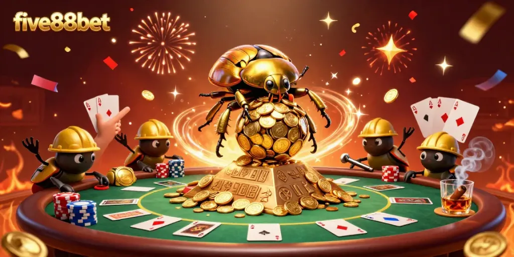 Experience the excitement at five88bet with a dynamic casino scene of golden beetles, poker action, and vibrant confetti.