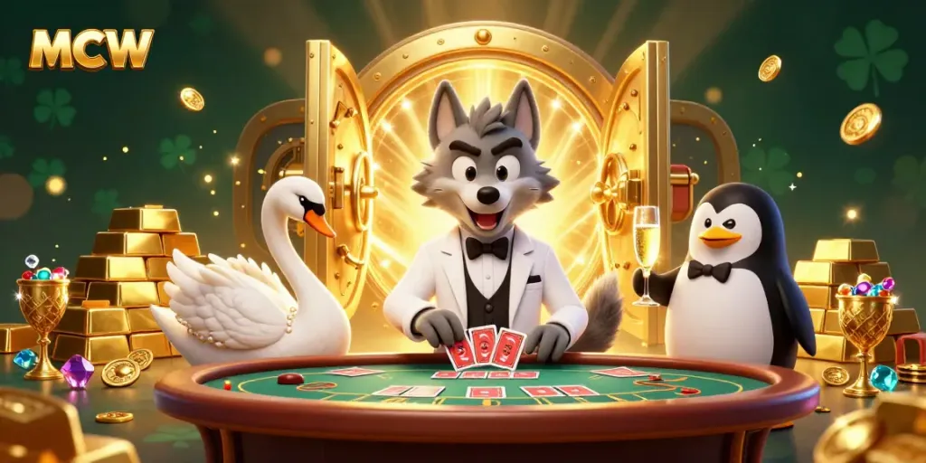 Experience thrilling gaming at MCW casino with animated characters in a rich, vibrant environment.