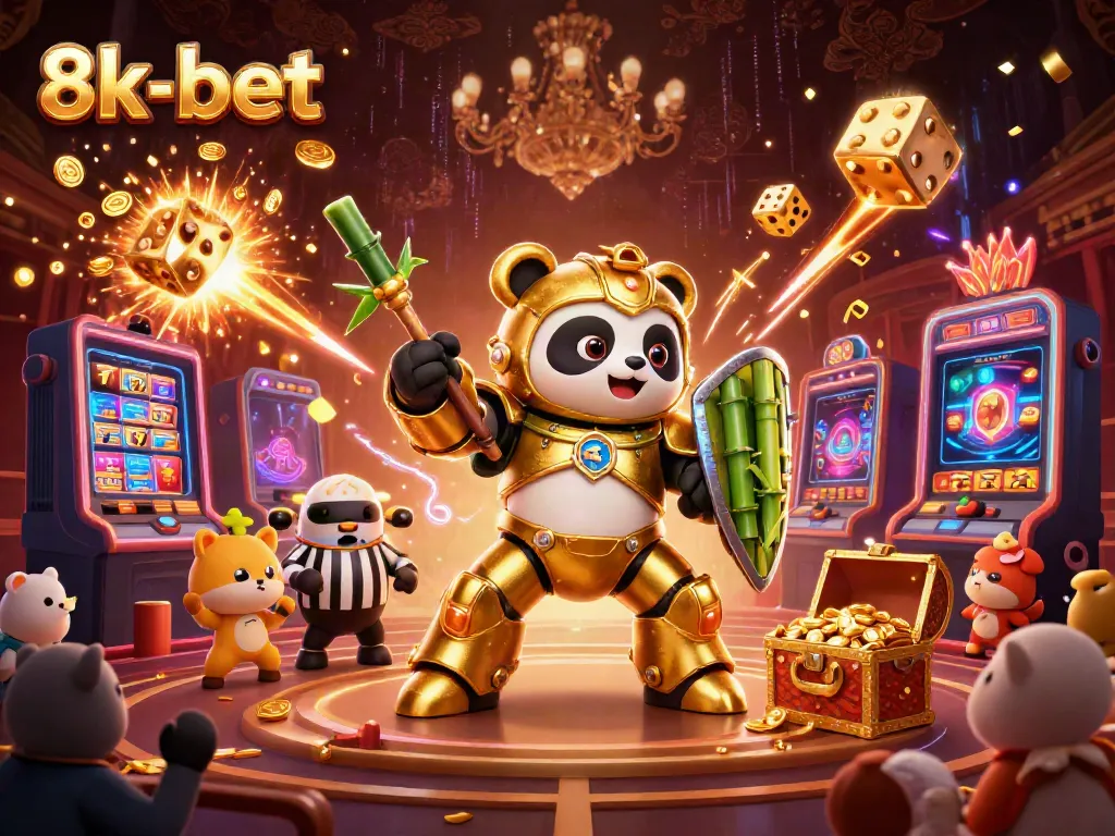 Experience the thrill of 8k-bet with a dynamic golden panda piloting a robot in a vibrant casino scene.