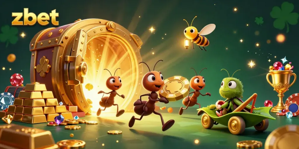 Experience zbet's exciting casino adventure with cartoon ants on a heist for golden poker chips.