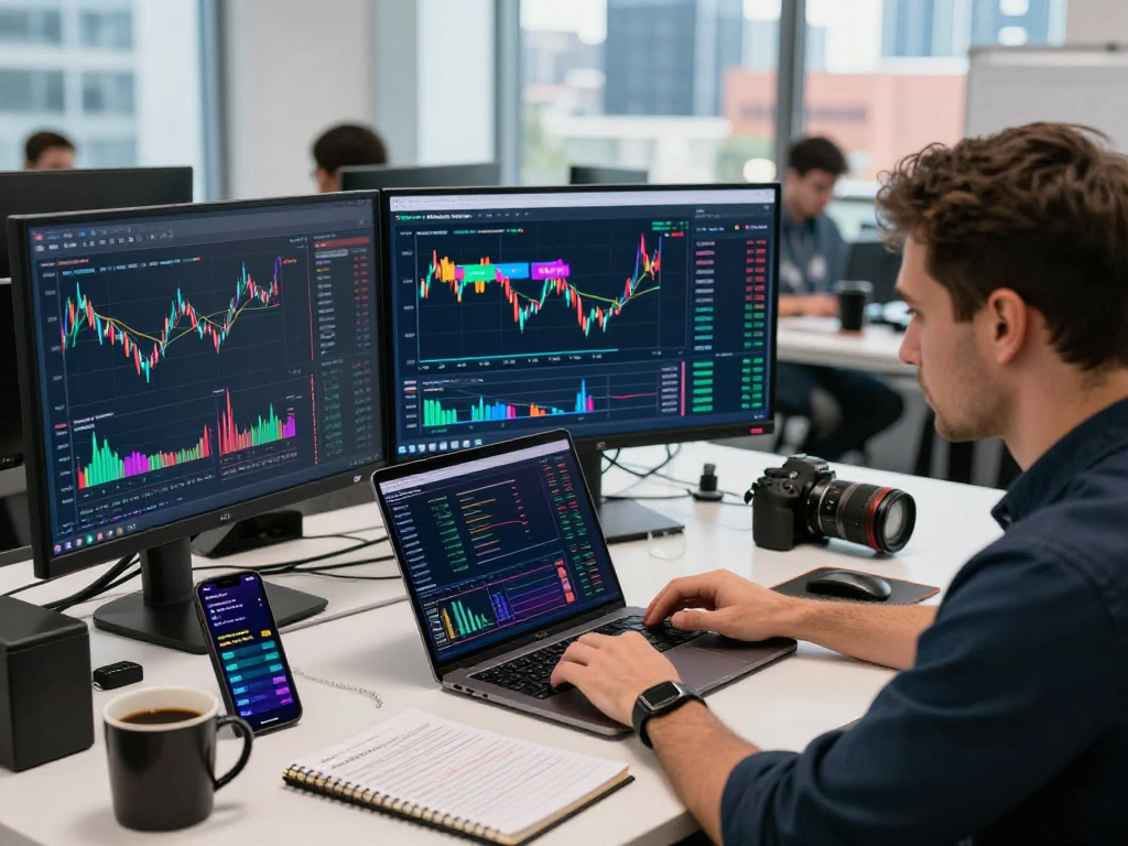 Kyber-swap trading interface in a modern office, showcasing cryptocurrency liquidity analysis and active trading.