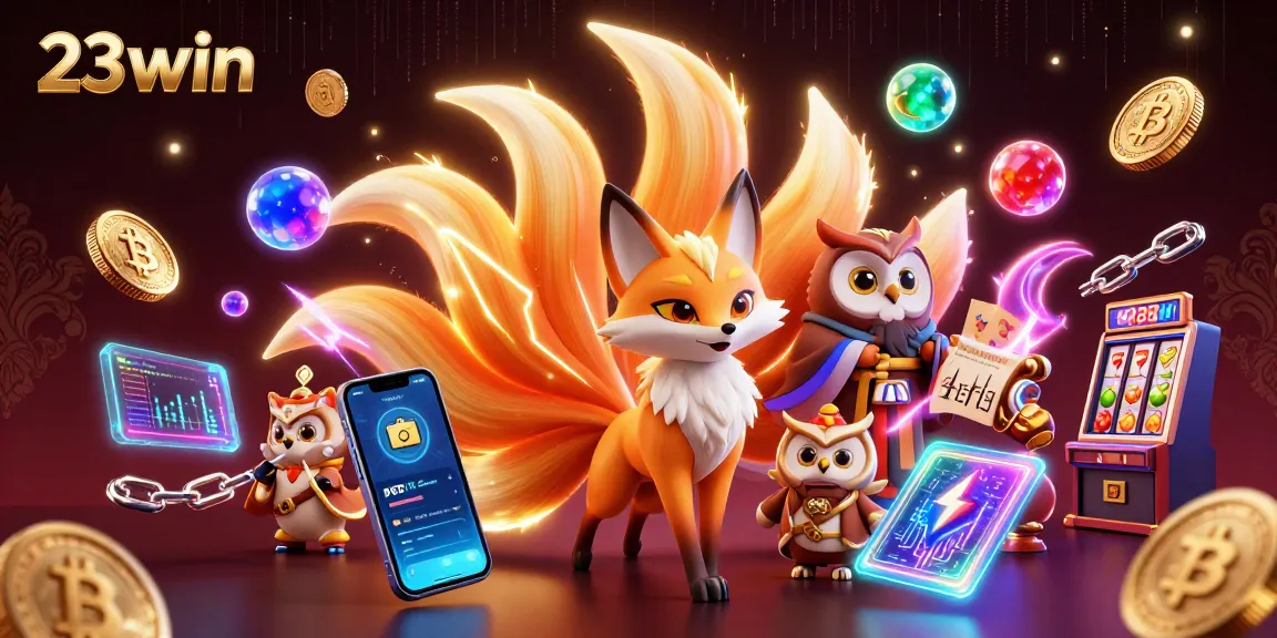 Engage with 23win spirits in a vibrant casino world filled with colorful slot machines and coins.