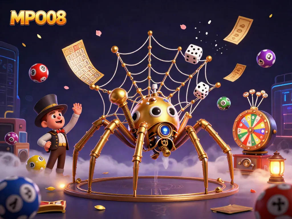 MPO08 celebrates luck with vibrant numbers and a whimsical steampunk spider in a captivating casino scene.