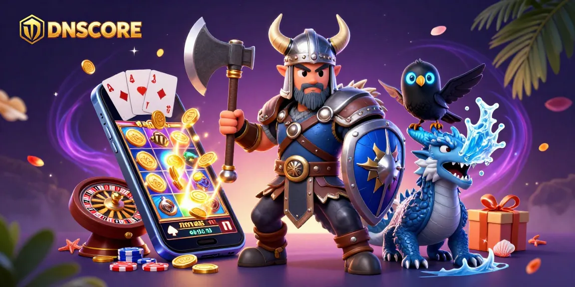 IDNSCORE showcases a dynamic scene with a Viking wolf, dragon, and raven surrounded by slots and casino elements.