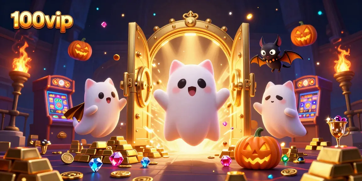 Engage with 100vip's thrilling atmosphere as a ghostly cat explores a vivid haunted casino.