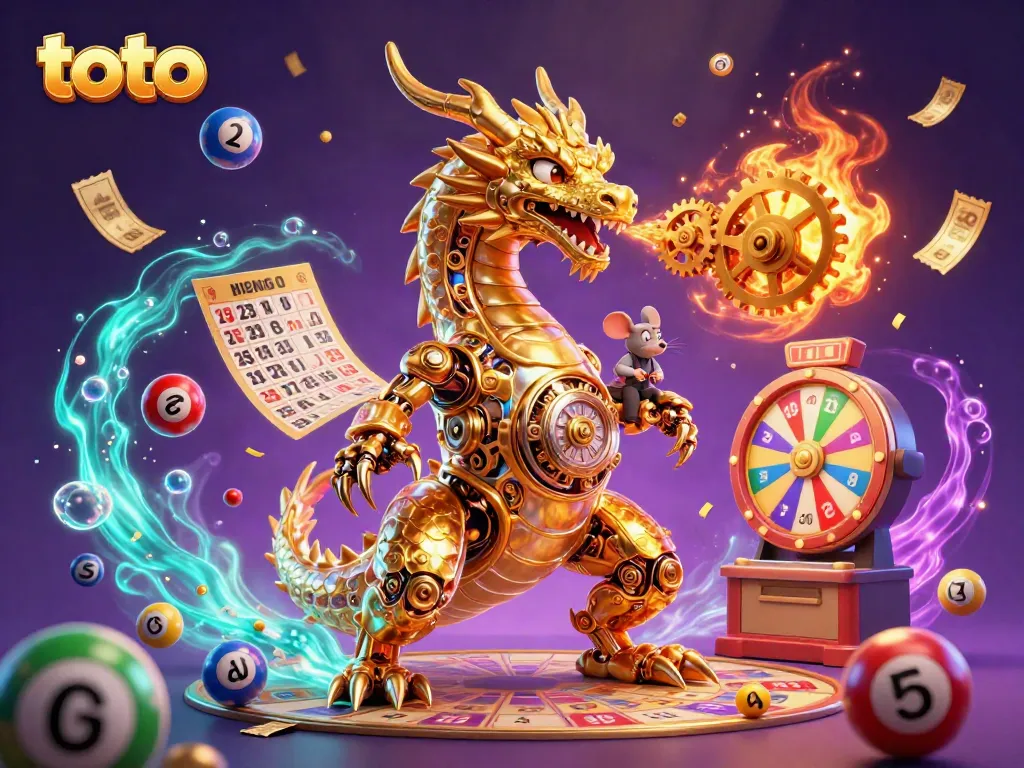 Experience the excitement of toto gaming with a golden dragon and vibrant lottery elements in a dynamic 3D scene.