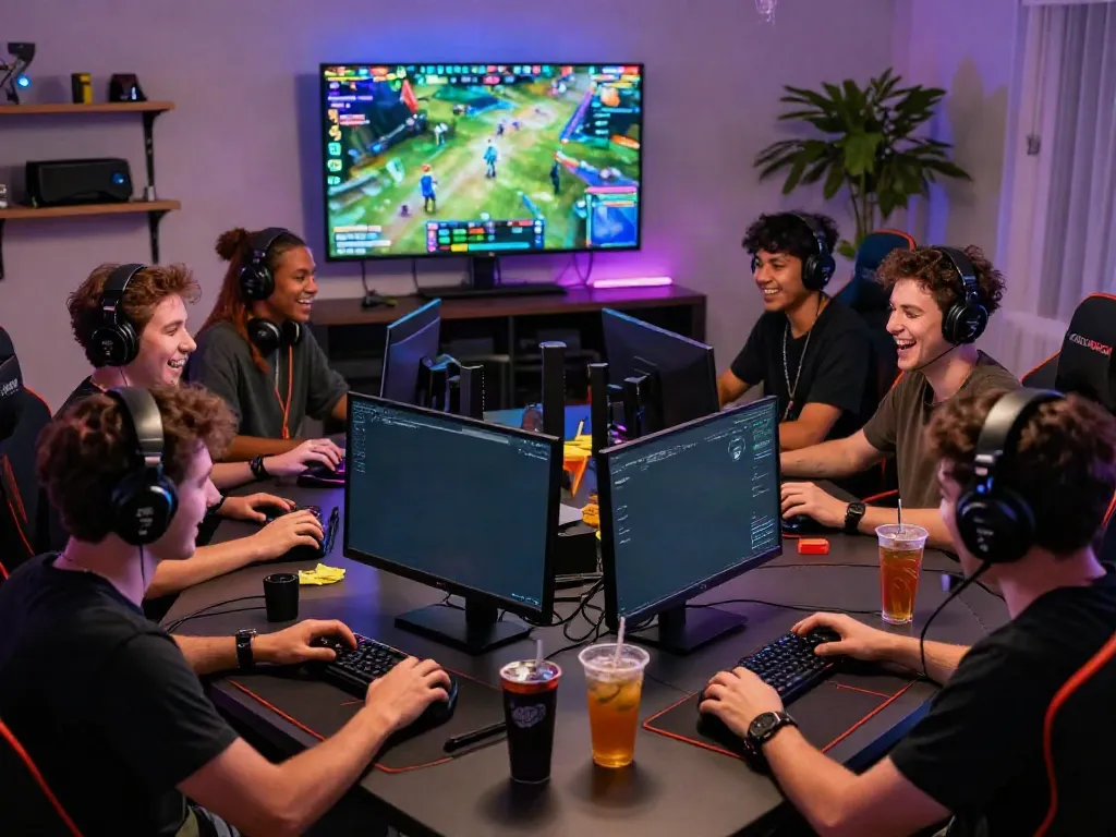 Gamers enjoying an intense session with the qqmacan link in a vibrant game room.
