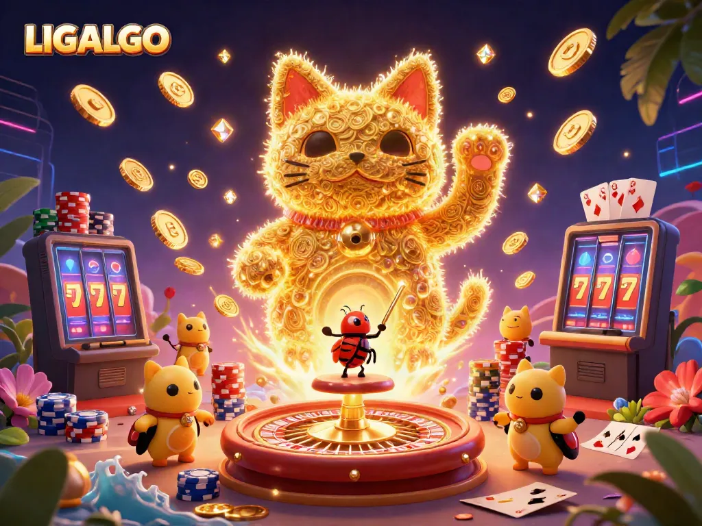 LIGALGO showcases a lively casino-themed scene featuring a lucky cat made of fireflies, vibrant gems, and gameplay elements.