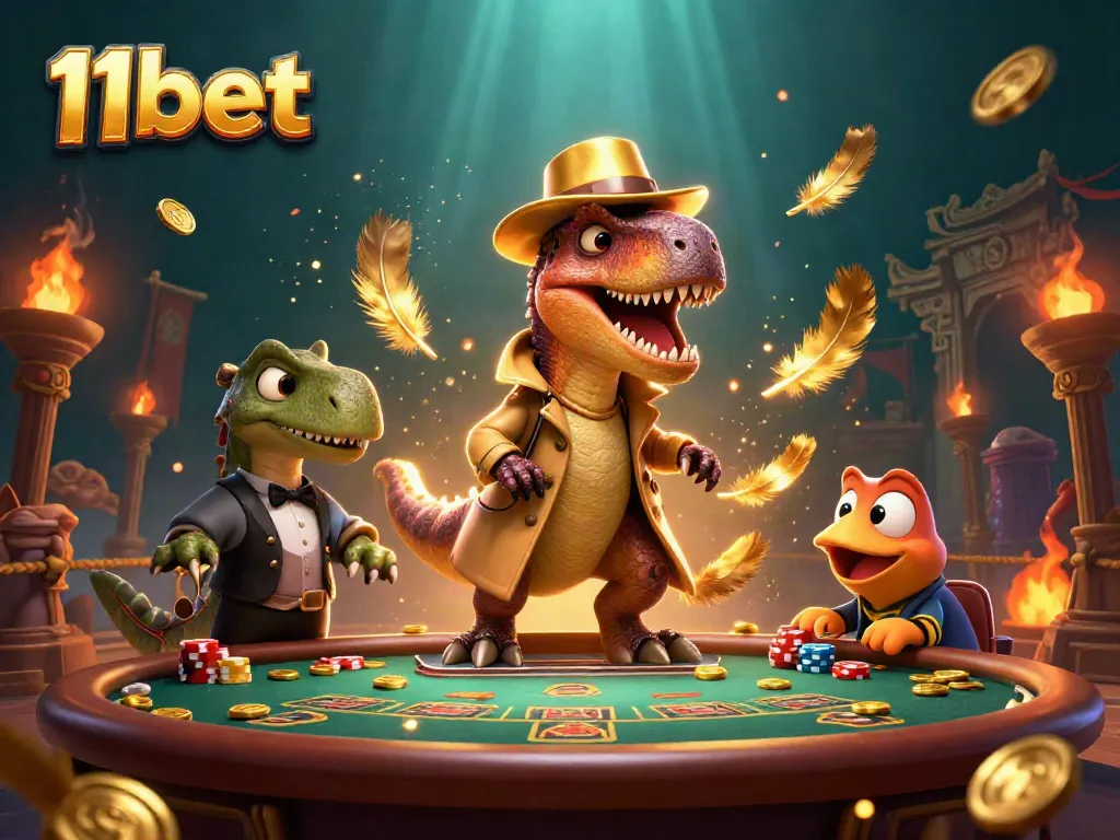Seamlessly gamble with 11bet, featuring whimsical 3D characters in a vibrant casino scene.