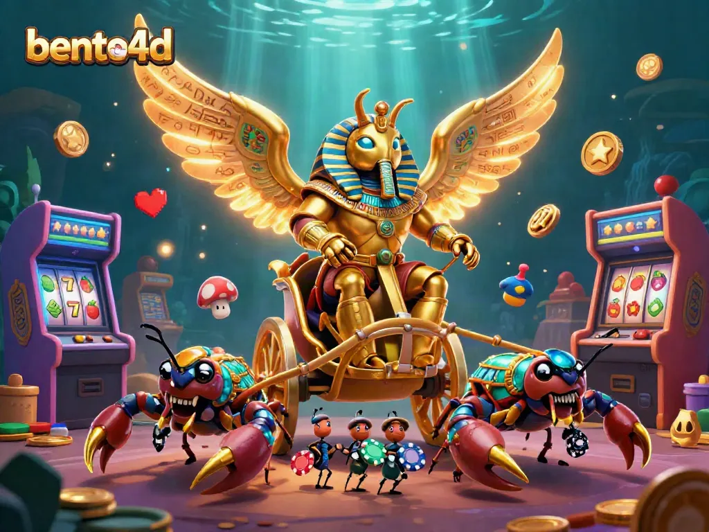 Bento4d casino illustration showcasing golden scarab and scorpions with vibrant slot game elements.