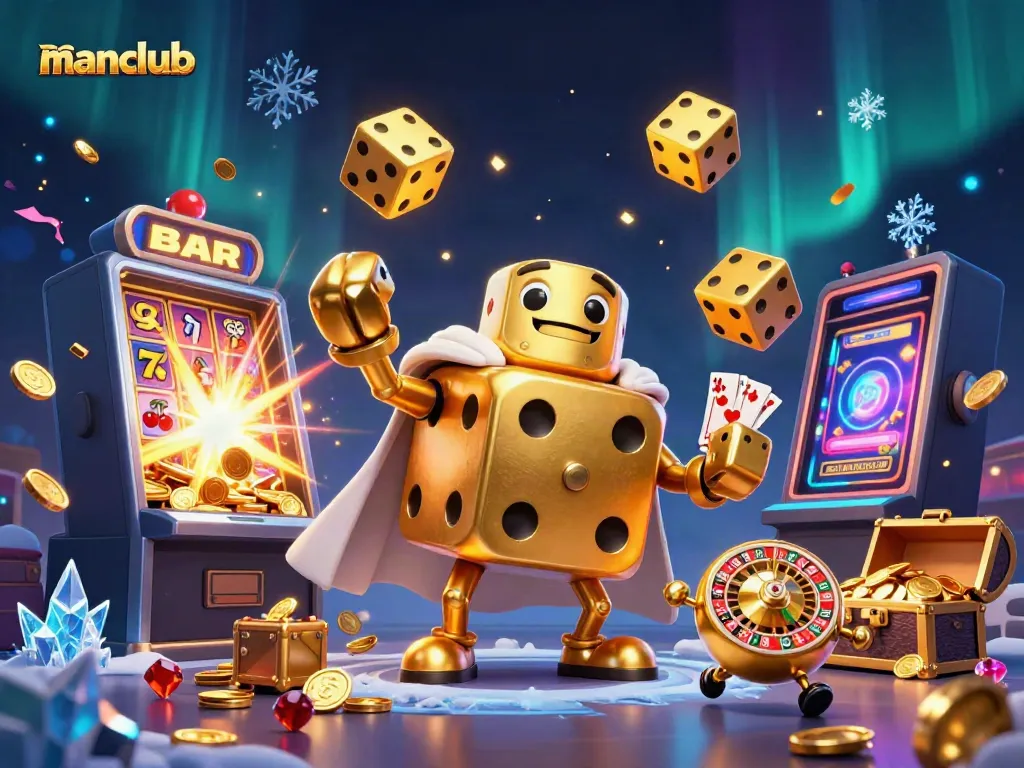 Experience the thrilling excitement of manclub gaming with a vibrant 3D illustration of dynamic casino elements and characters.
