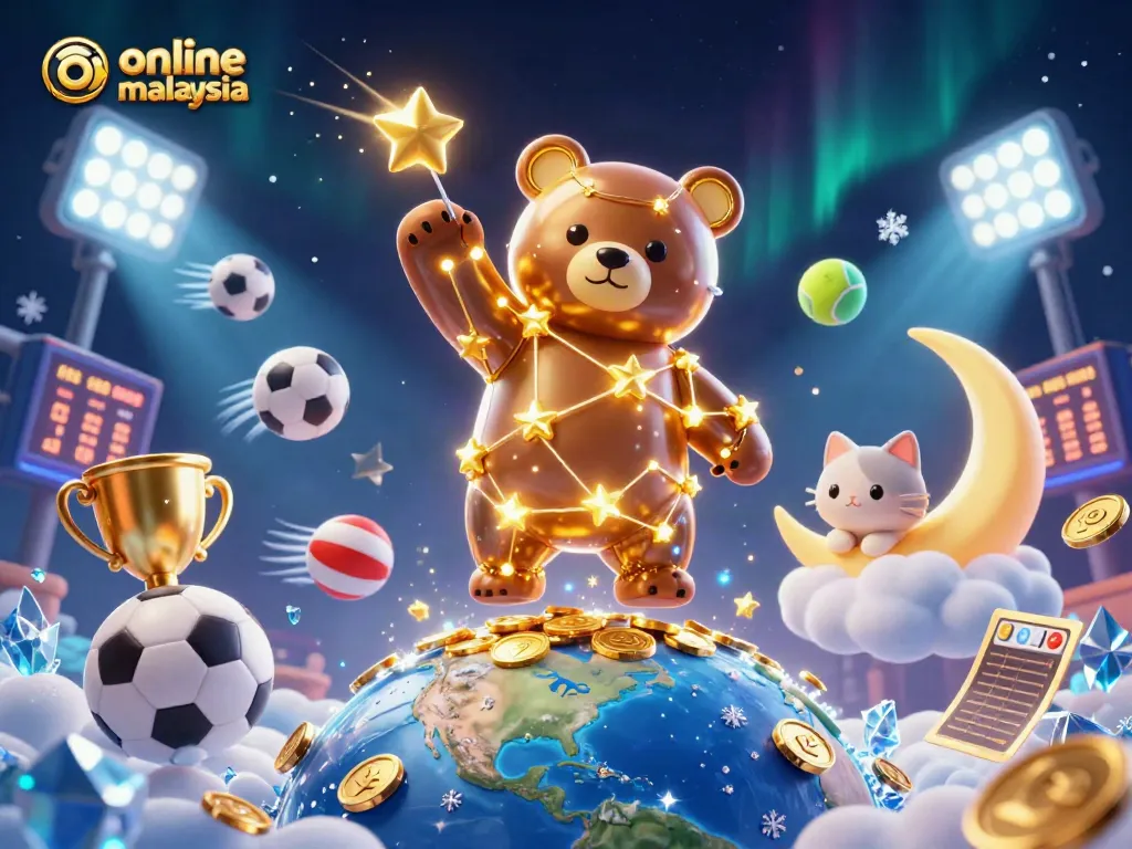 Experience thrilling action at online casino malaysia, as constellation bear scoops coins amid vibrant game elements.
