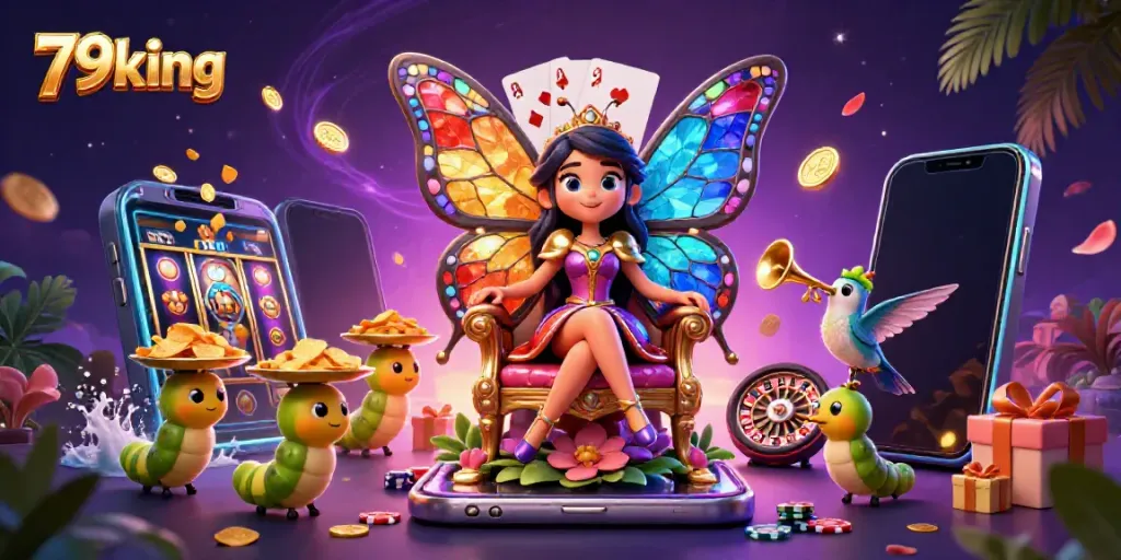 79king's vibrant casino scene showcases a butterfly queen with golden chips, surrounded by games and excitement.