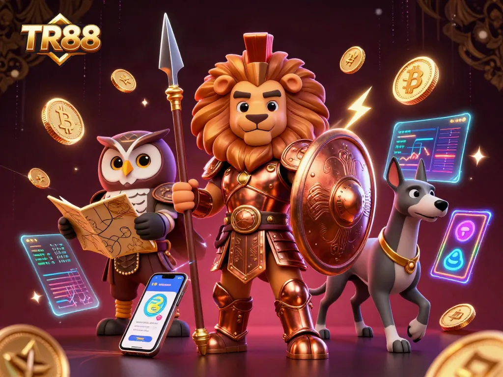 Join the TR88 action with brave characters amidst vibrant digital gambling elements.